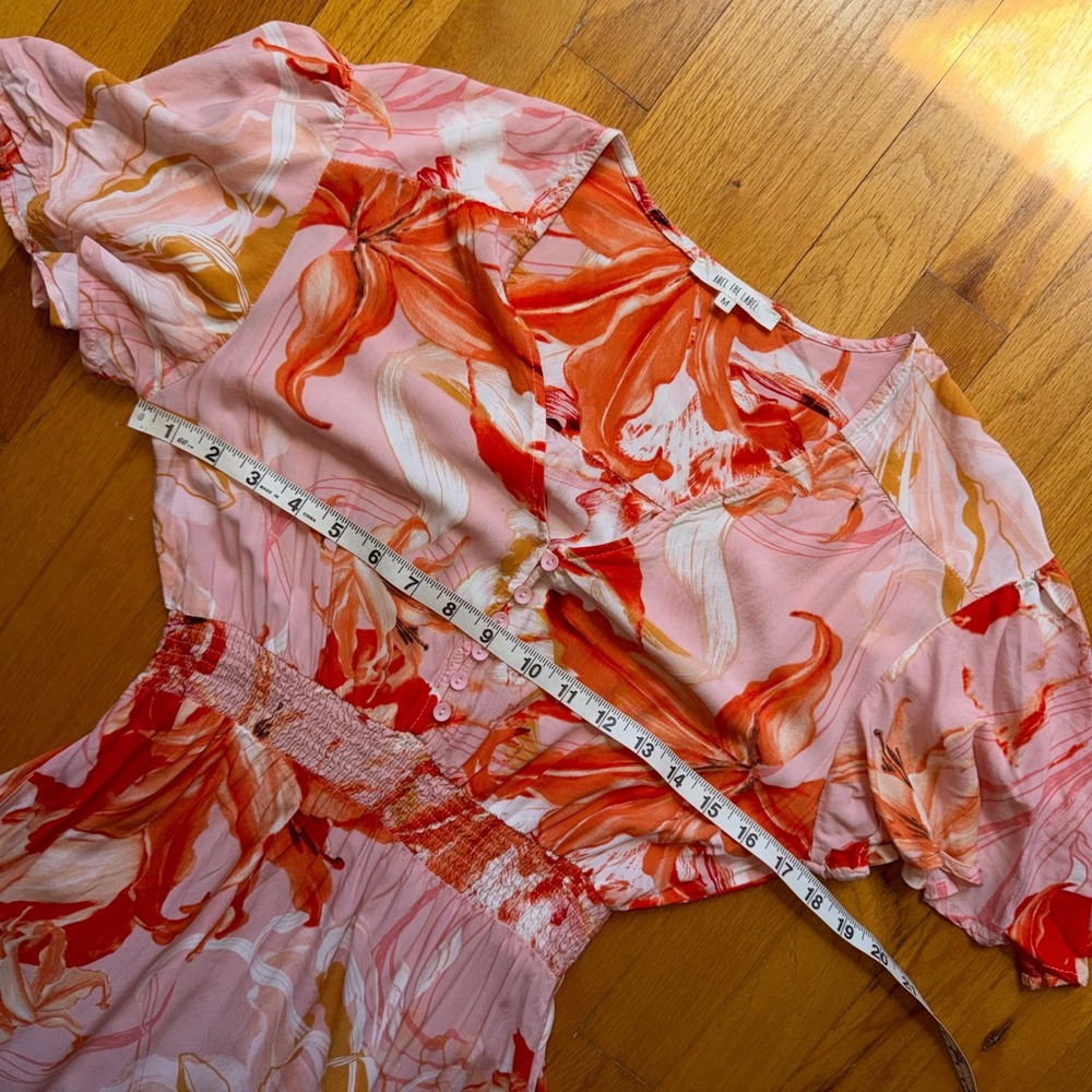 Abel the Label Pink Orange Floral High Low Maxi Dress Smocked Waist M Beach Boho - Picture 7 of 12